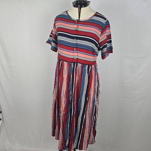 Bloomchic Dress Women's 1X Red Multiple Color Striped Contrast Short Sleeve NWT - Picture 8 of 13